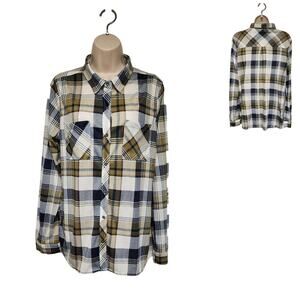 Always Indigo Plaid Roll-Tab Long Sleeve Button Down Shirt  XL Blue/Olive Green